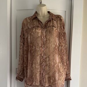 River Island Sheer Oversized Snake Print Button-Up Blouse with Metallic Accents